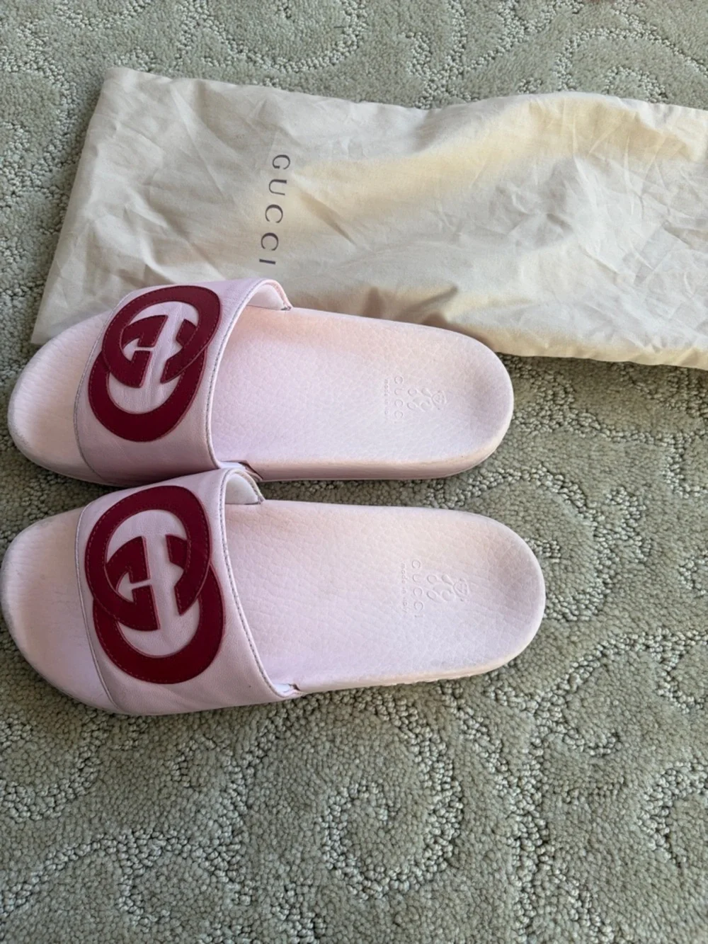 Authentic Gucci Light Pink Slides with Red Logo Emblem